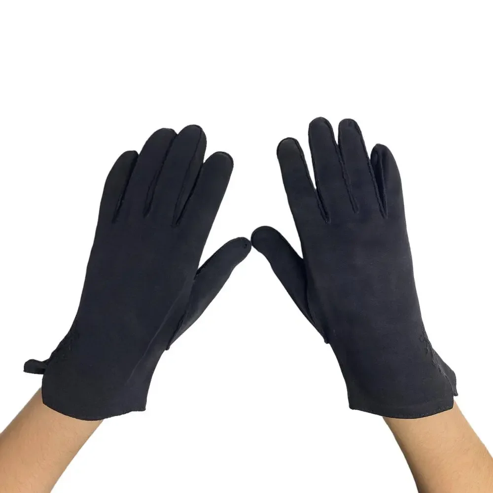 Vintage Womens Black Fabric Floral Embroidered Gloves